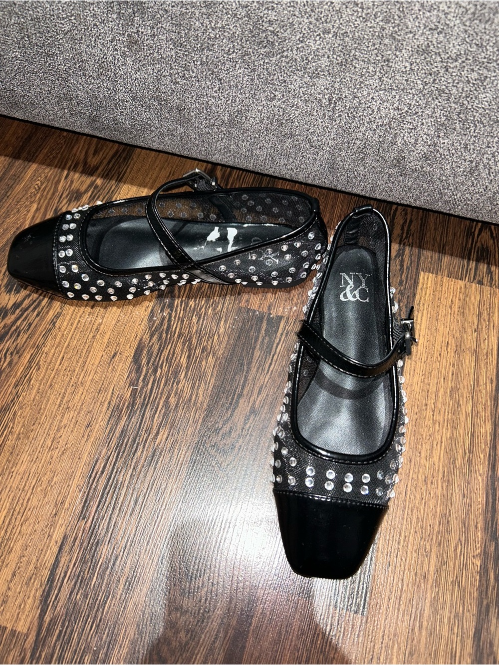 New York & Company Black Studded Mary Jane Flats with Patent Toe- SIZE: 5.5